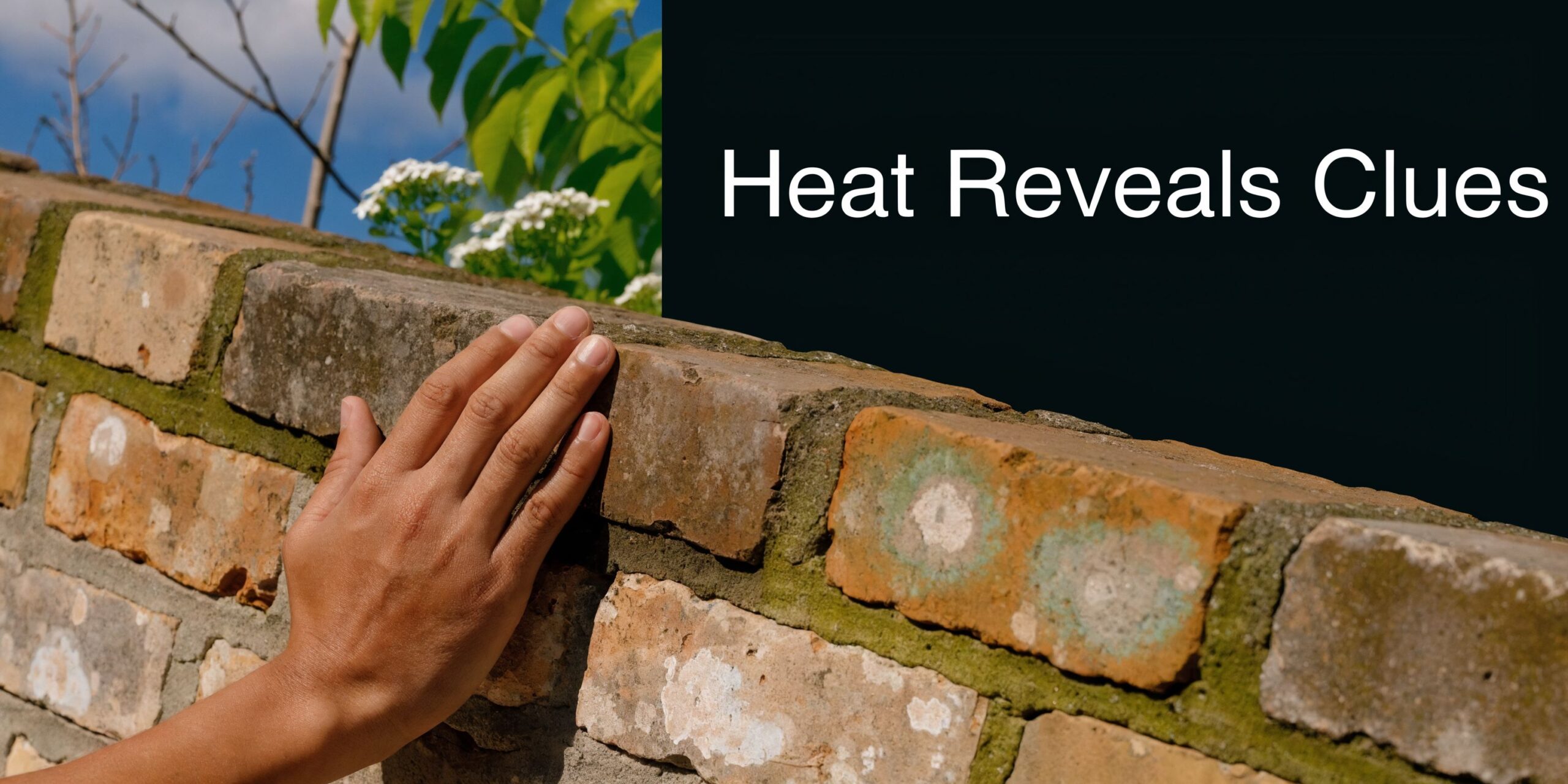 A person's hand touching a brick wall as a conceptual representation of detecting heat through surfaces.