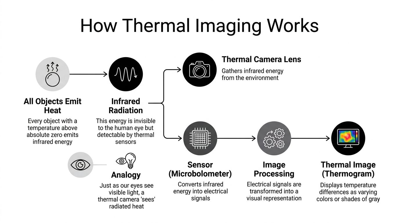A diagram illustrating the process of how thermal imaging cameras detect infrared radiation and display thermal images.