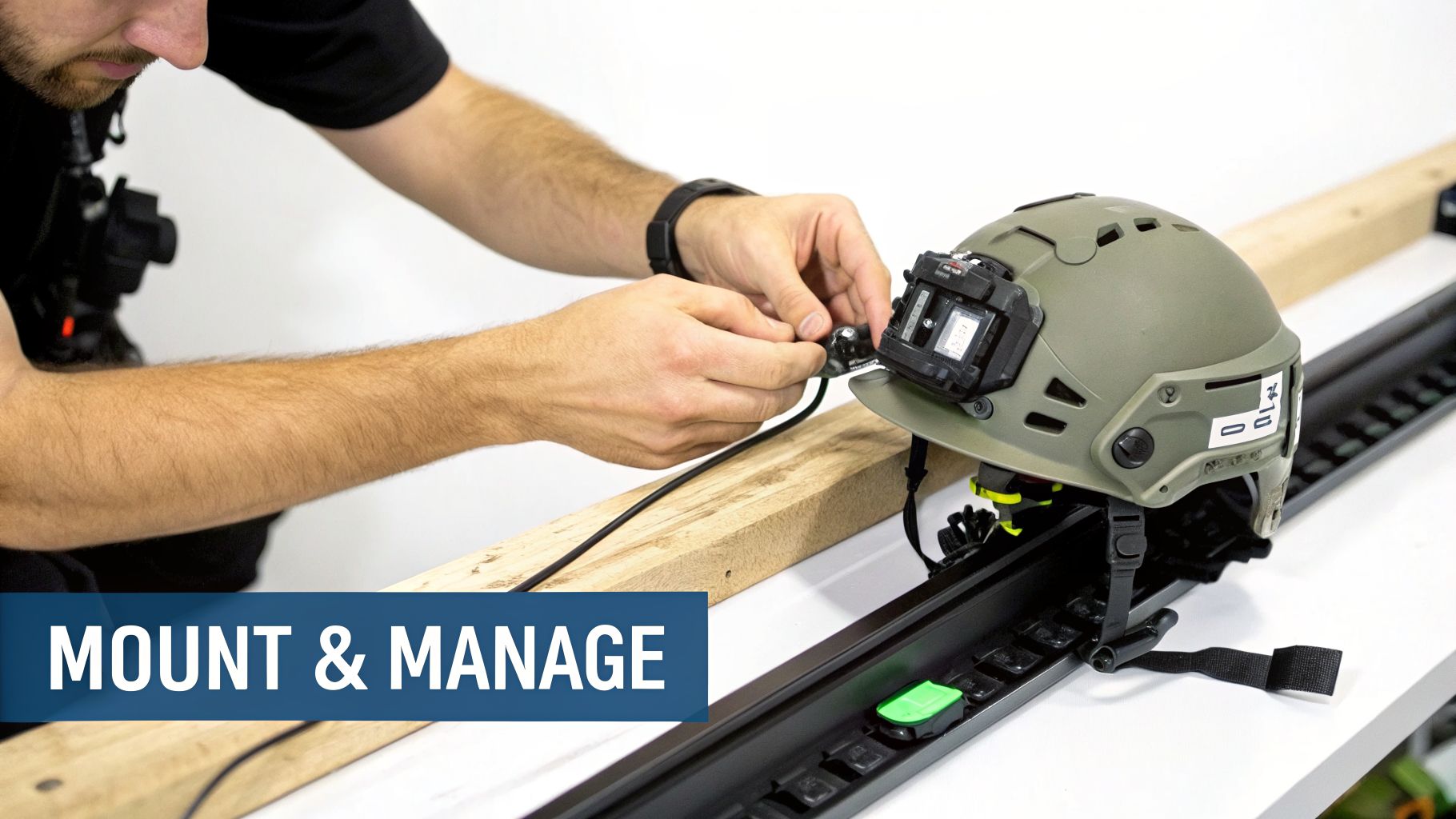 A person connects a cable to a device mounted on an olive green tactical helmet.