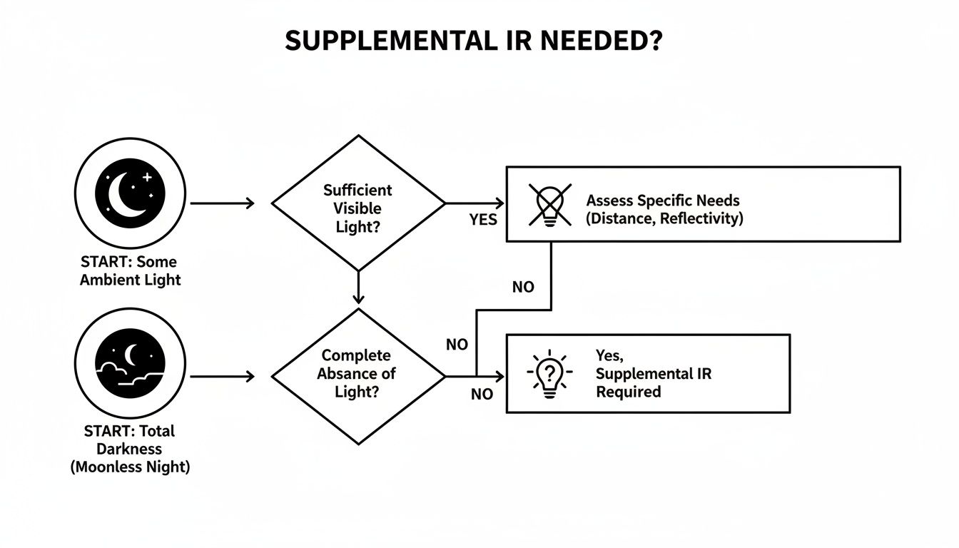 Flowchart guiding the decision for supplemental IR light based on ambient light conditions.