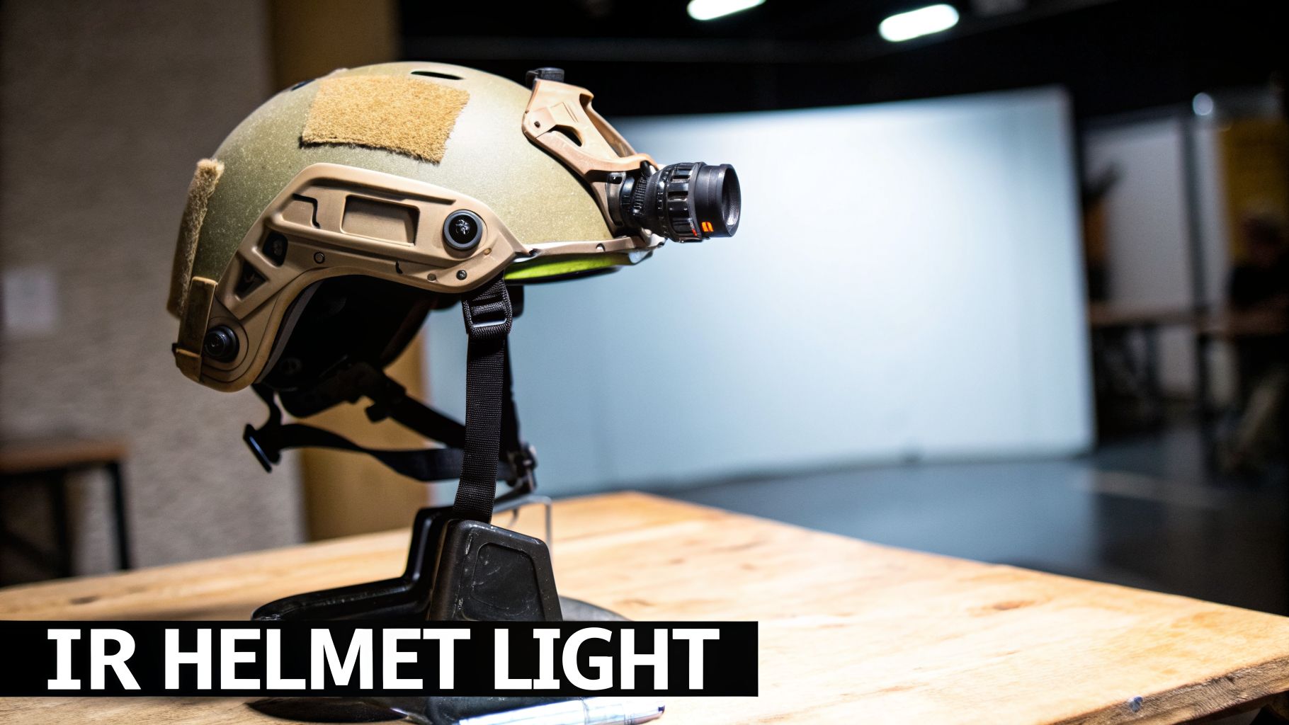 An olive drab tactical helmet with a tan mount and an IR helmet light on a wooden table.