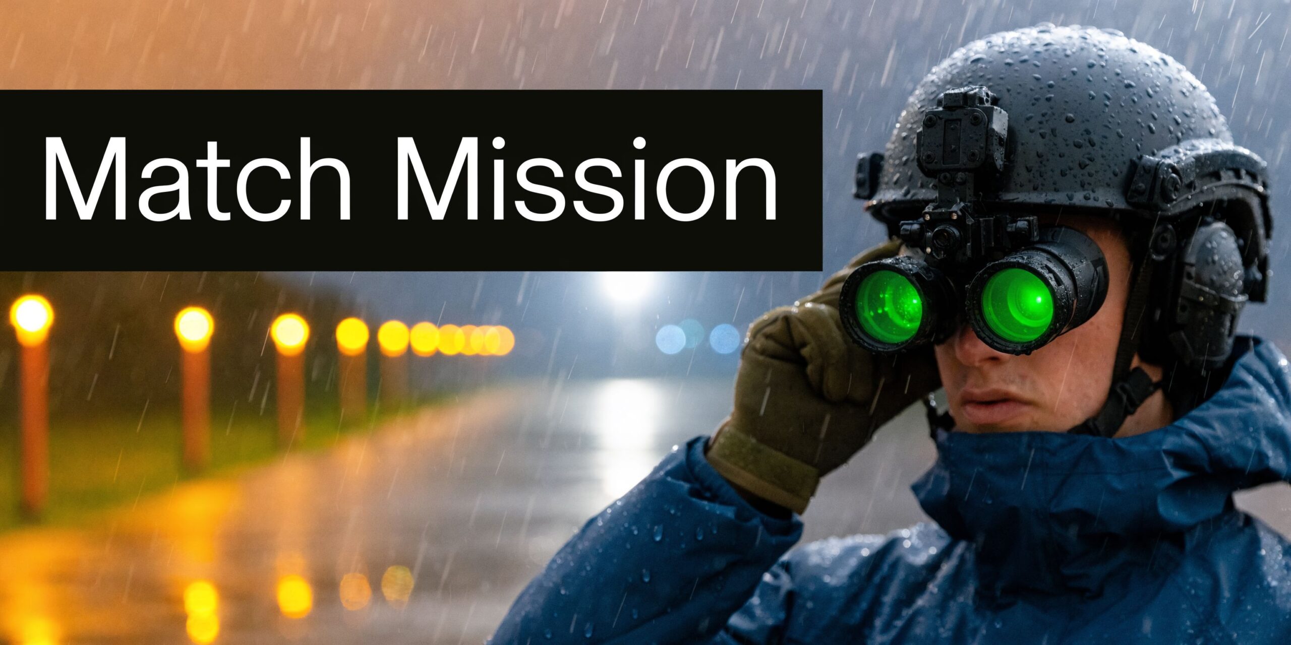A soldier in the rain wearing night vision goggles while looking towards a dimly lit outdoor road.