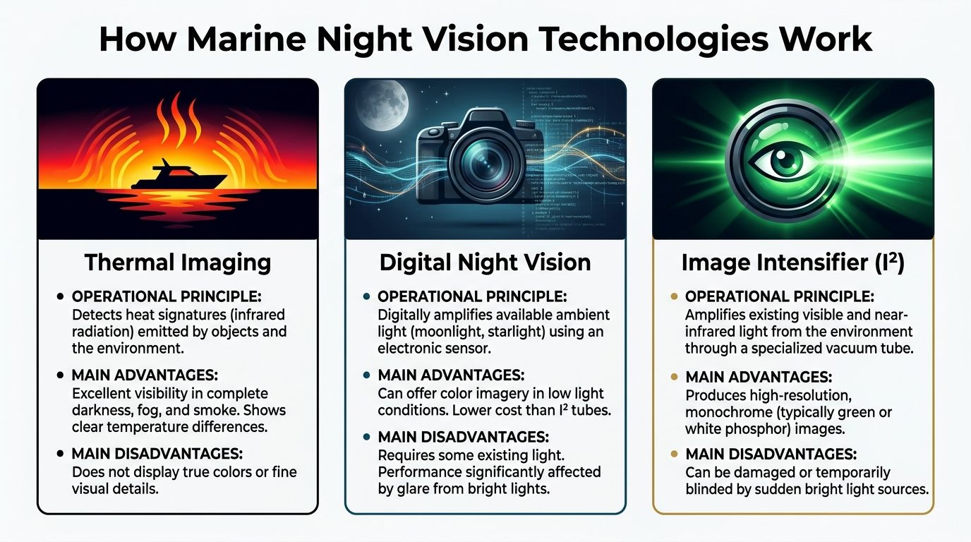 A comparison chart explaining the operational principles, advantages, and disadvantages of thermal, digital, and image intensifier night vision technologies.