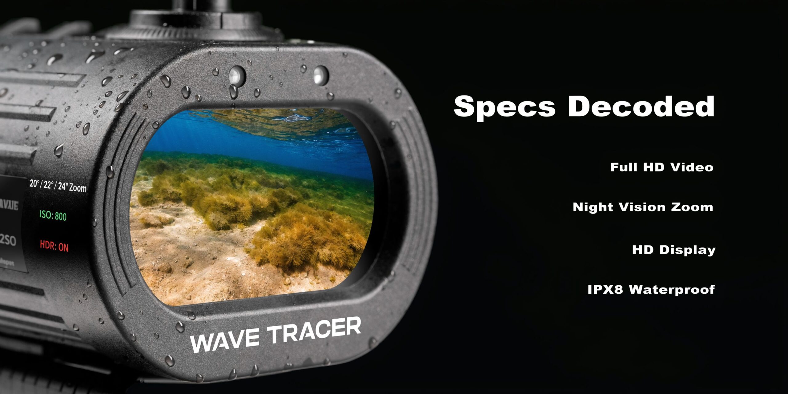 A close-up view of the Wave Tracer underwater camera showing display settings and a vibrant ocean scene.