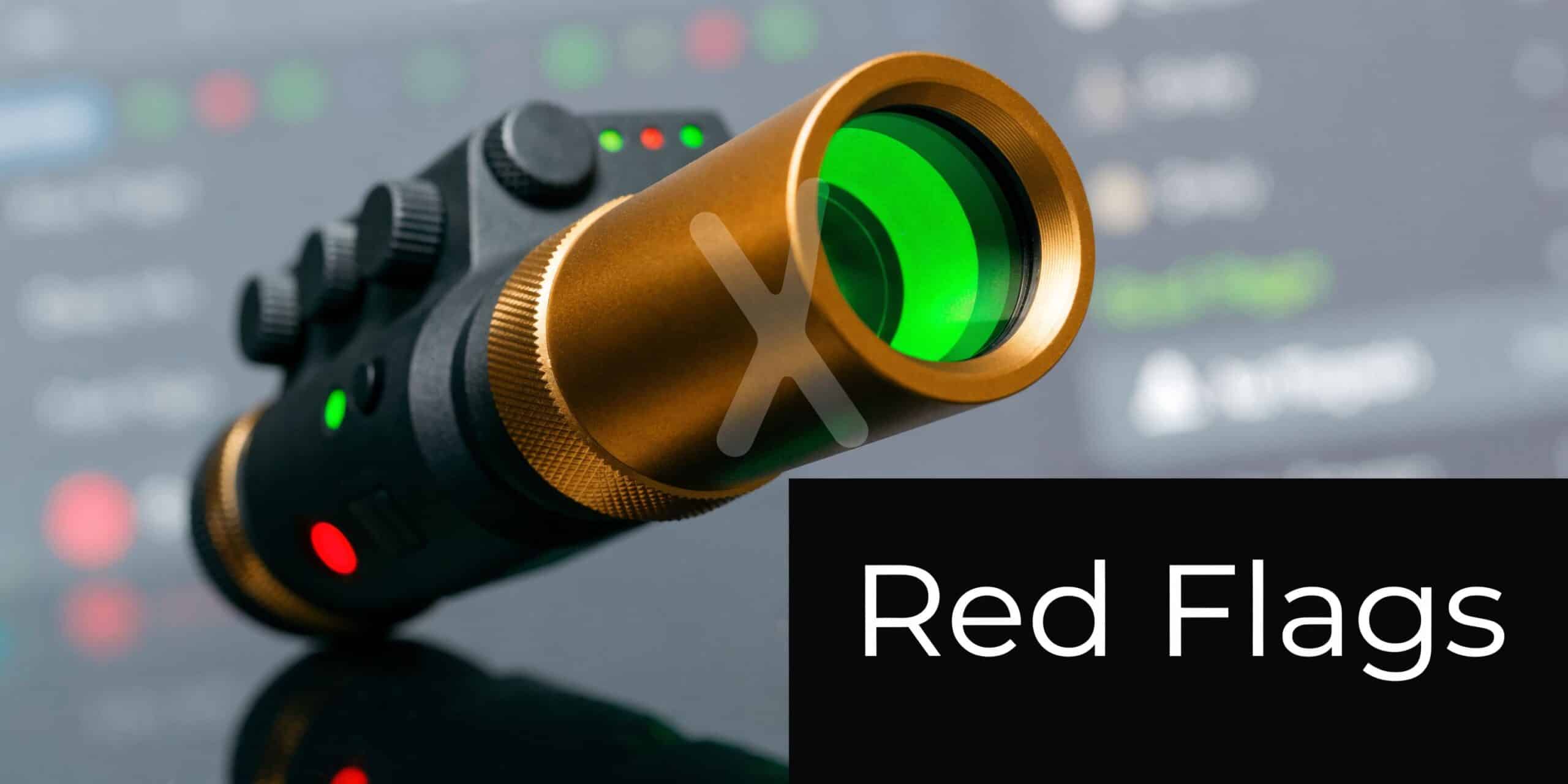 A professional night vision scope sits on a dark reflective surface with a digital interface background.