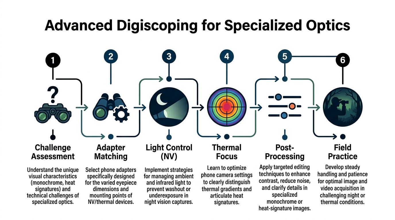 A six-step infographic showing the process of advanced digiscoping for night vision and thermal optics.