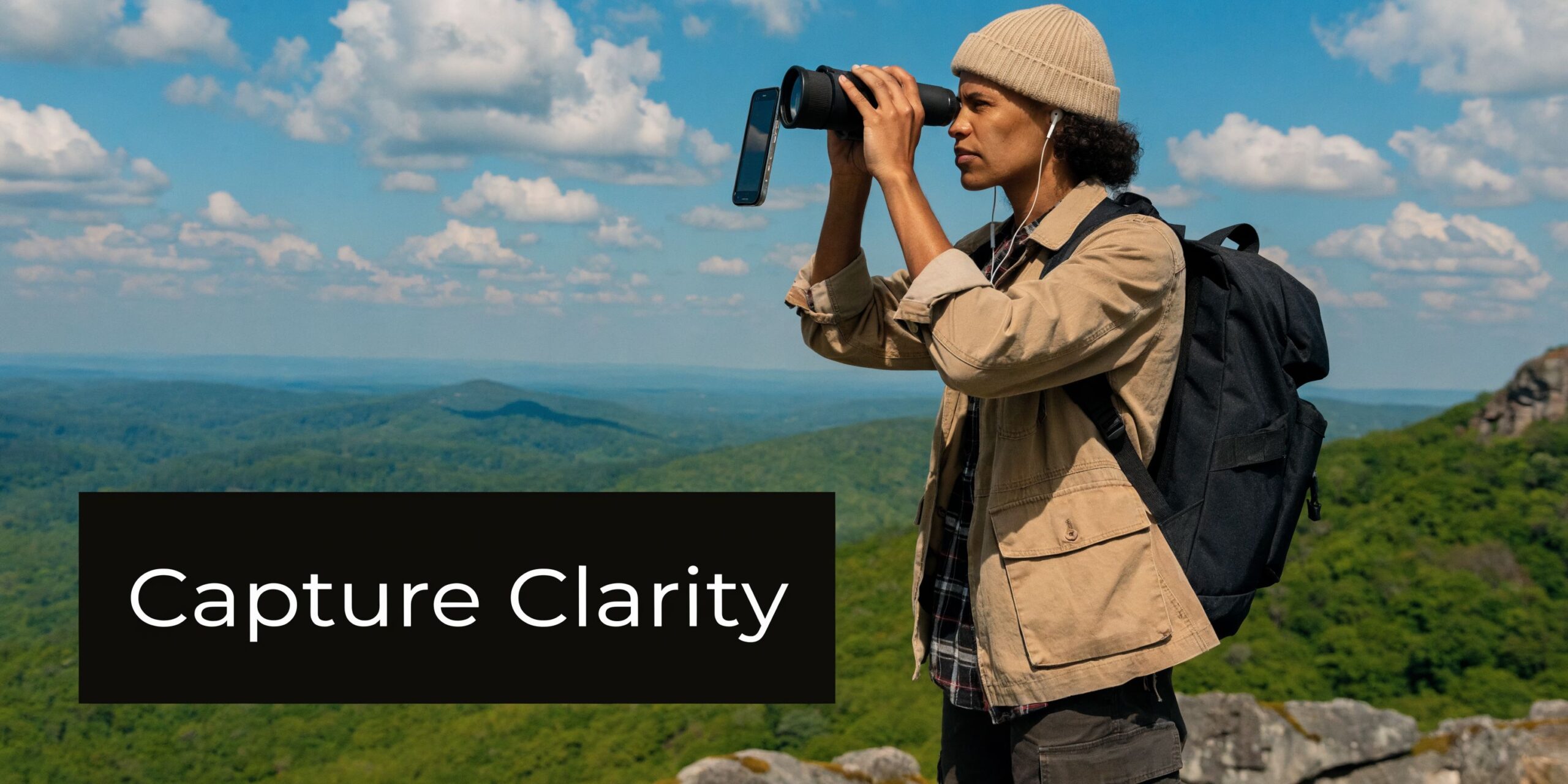 A hiker using a smartphone attached to binoculars to view the scenic mountain landscape from a peak.