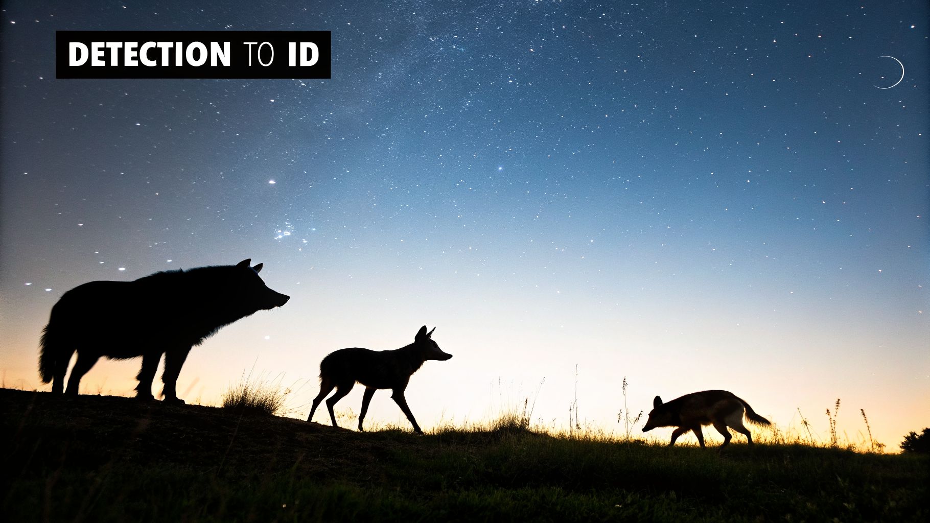 Silhouettes of three wild animals on a grassy hill under a starlit night sky with a crescent moon.