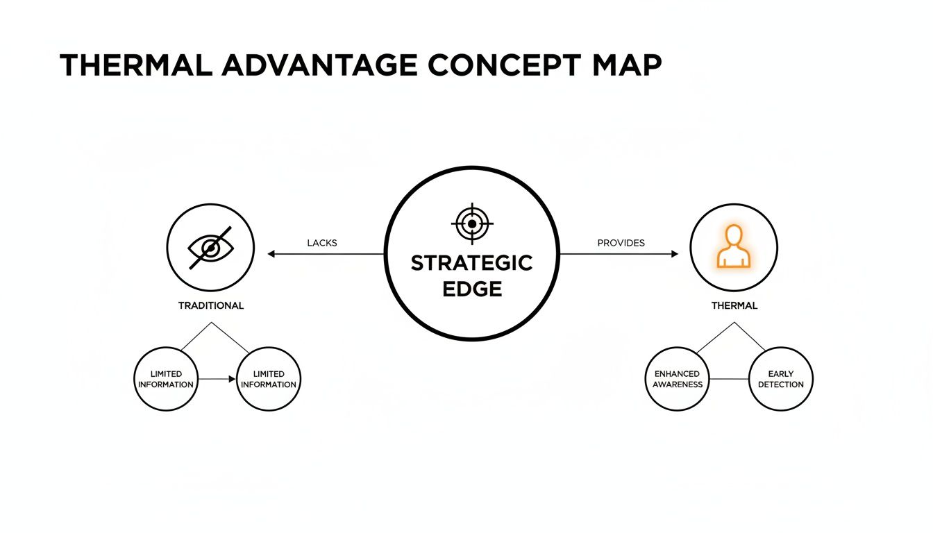 Concept map showing thermal technology's strategic edge from enhanced awareness and early detection, compared to traditional limited information.