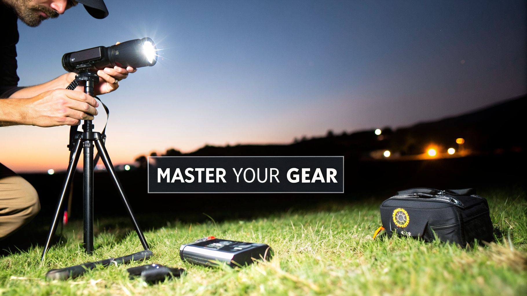 A person adjusts a thermal camera mounted on a tripod outdoors at night, with additional gear on the grass.