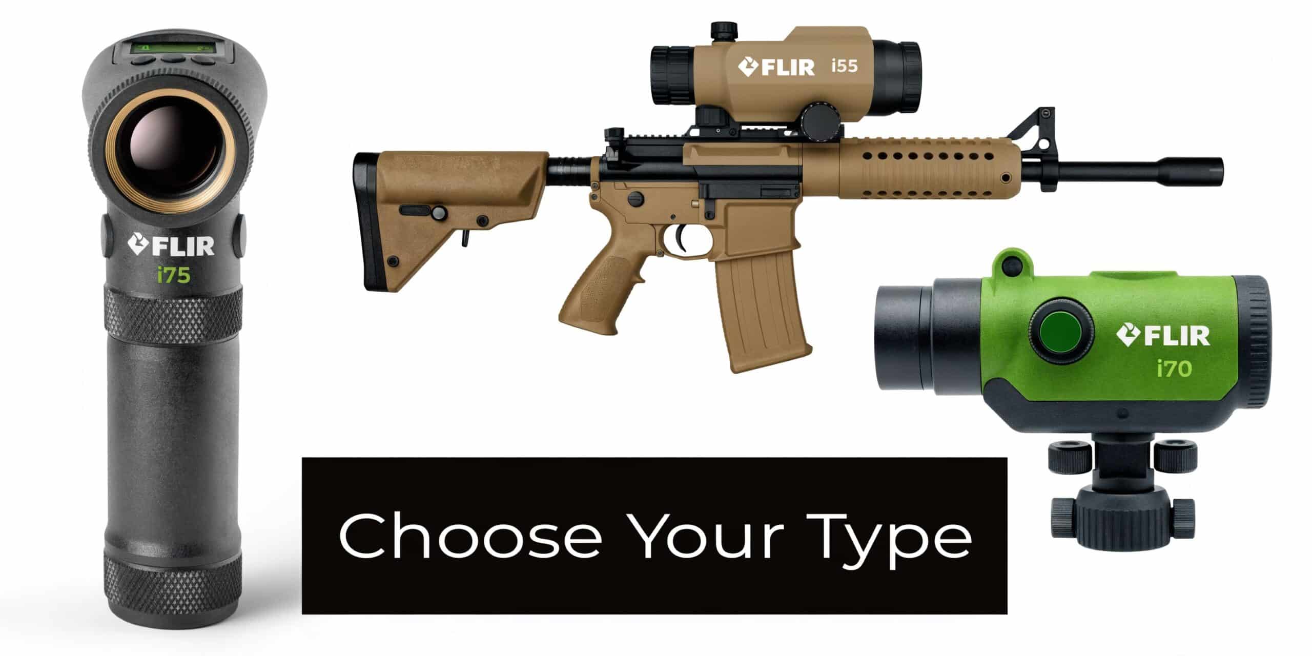 Three different FLIR thermal imaging devices, including a handheld unit and a rifle scope mounted on a gun.
