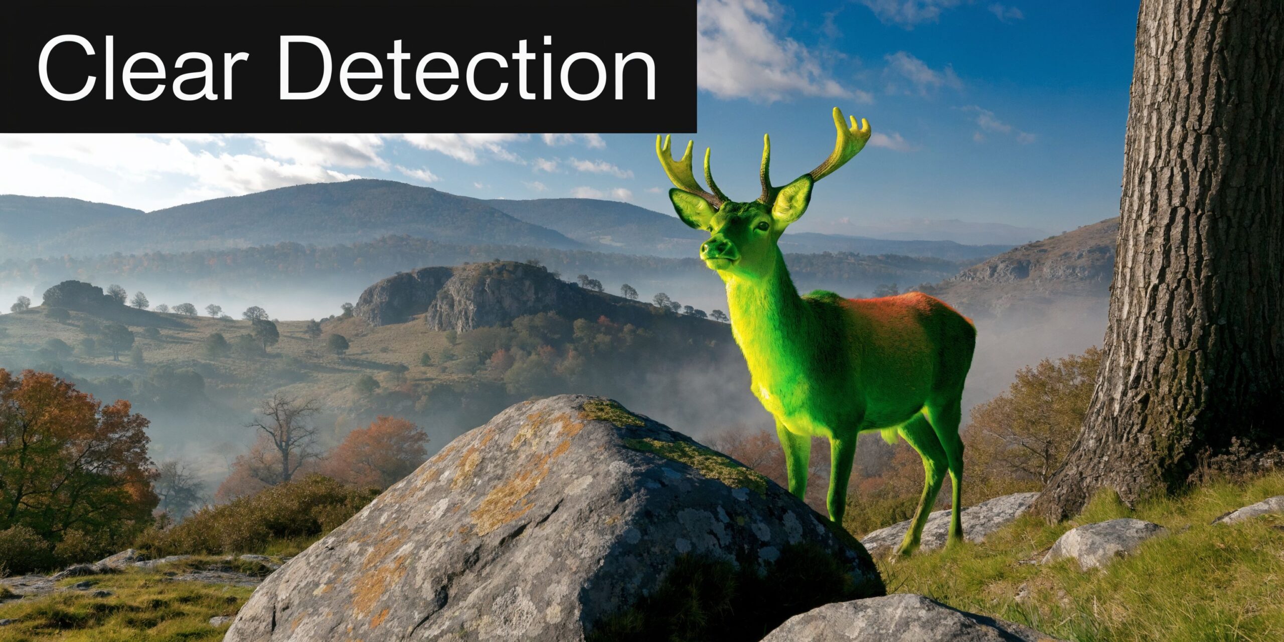 A vibrant green deer with large antlers stands on a rocky hill in a scenic mountainous landscape.
