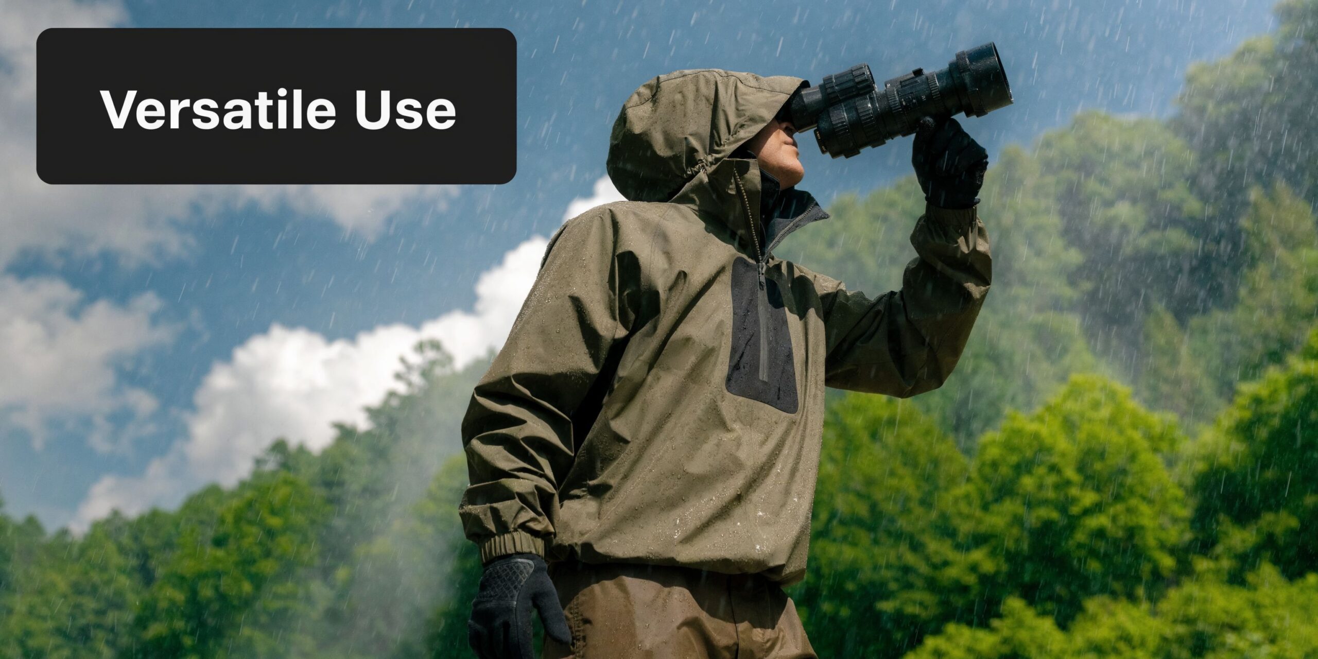 A person in an olive-colored rain jacket using a thermal rifle scope outdoors in the rain.