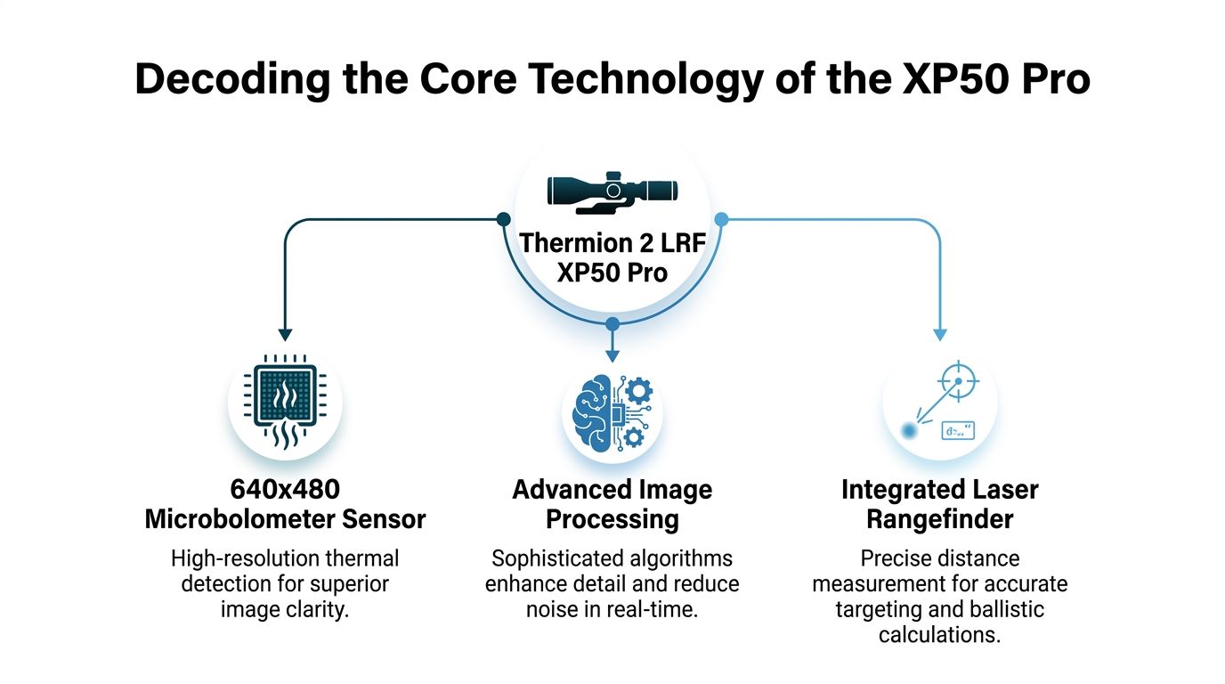 A diagram illustrating the core technological features of the Thermion 2 LRF XP50 Pro thermal rifle scope.