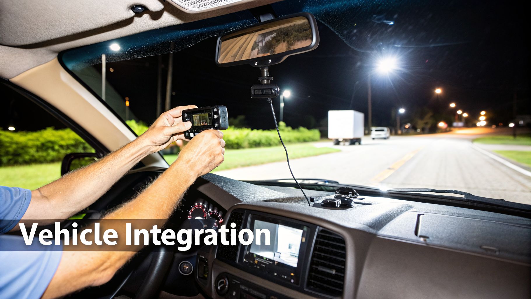 Inside a vehicle at night, a person holds a night vision camera connected to the rearview mirror.