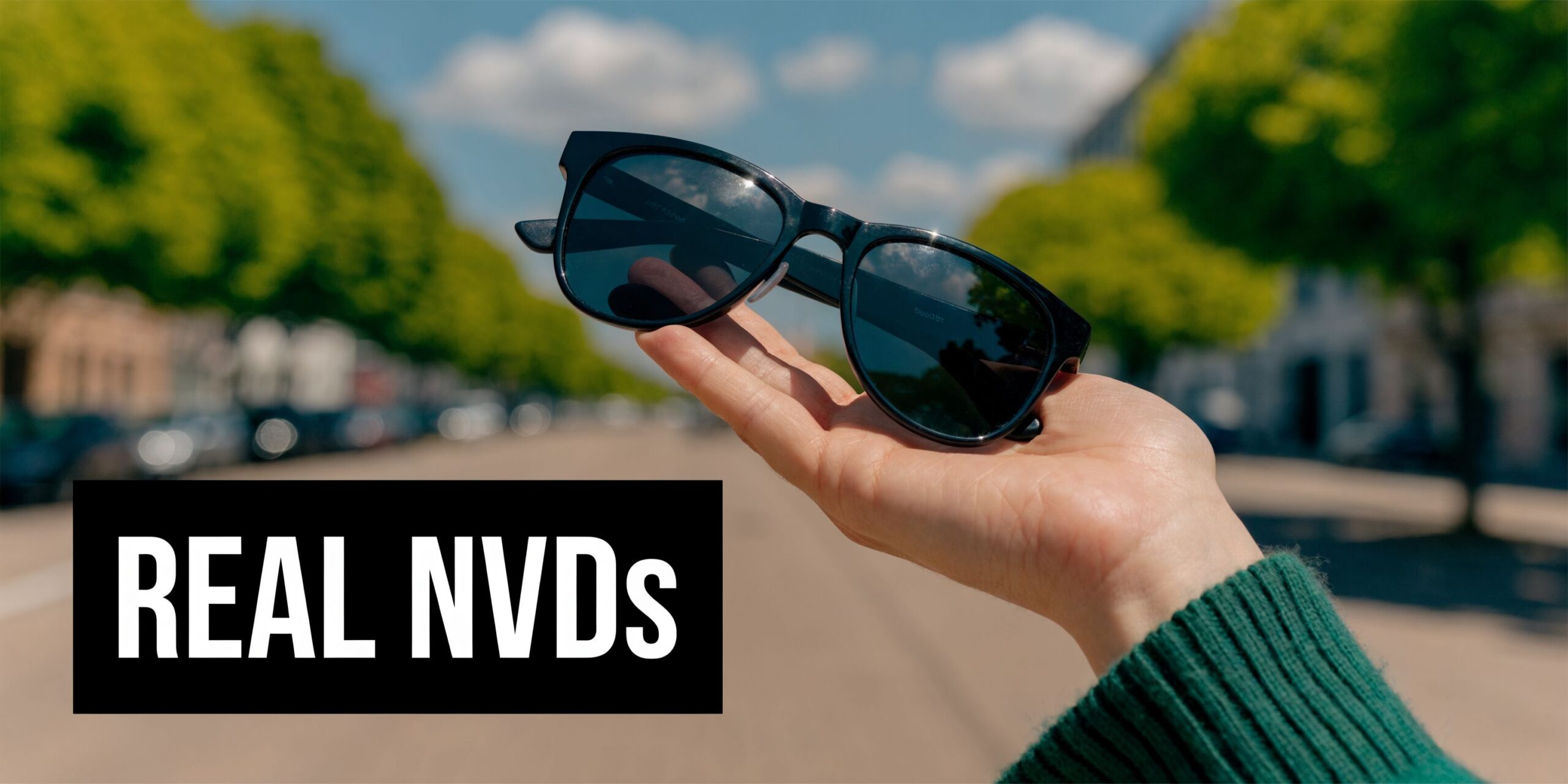 A hand holding up a pair of sunglasses against a blurred background of trees and road.