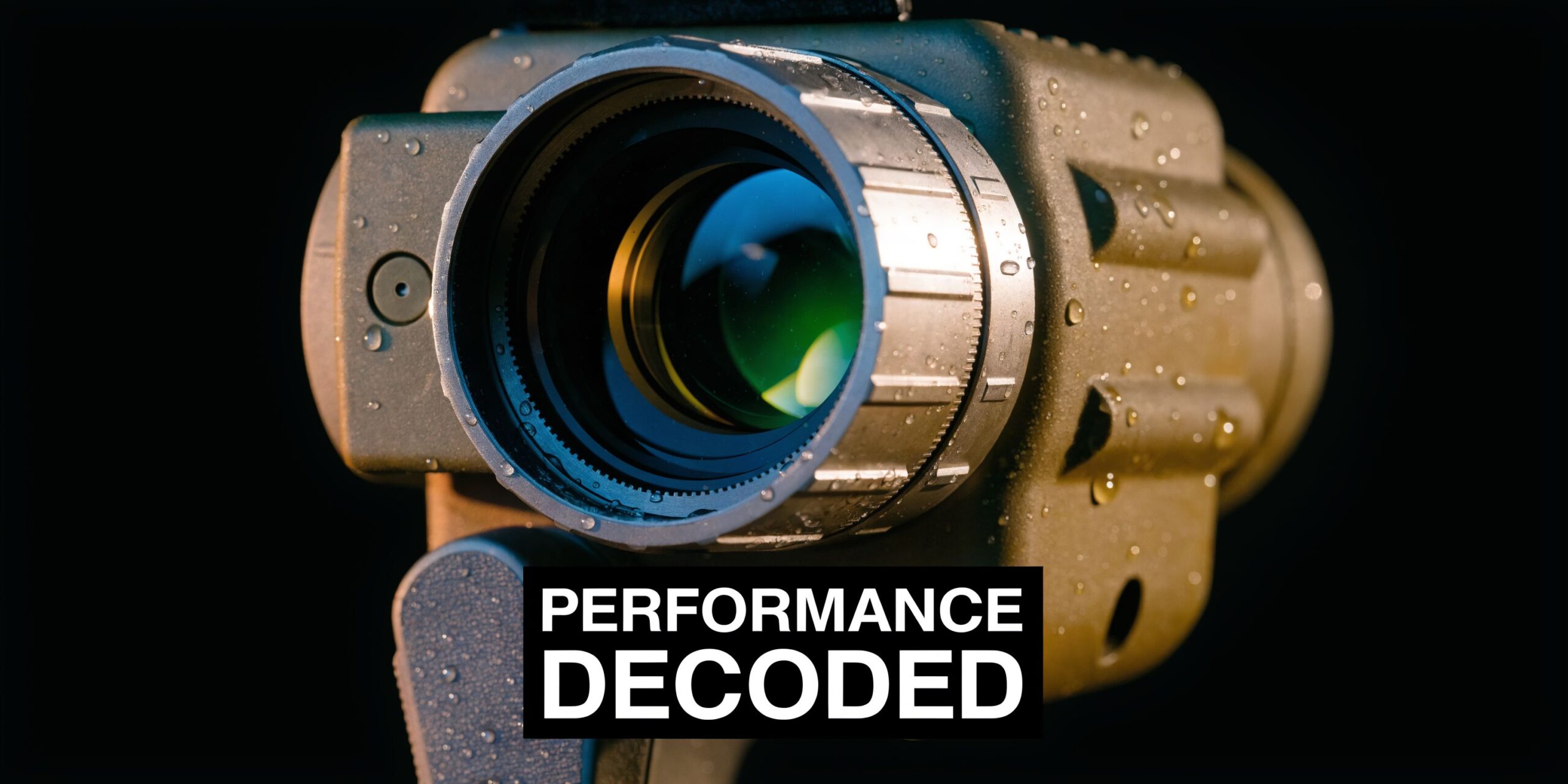 A close-up view of a rugged, waterproof thermal imaging lens with a dark, moody background.