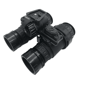 Nighthawk-FB binocular housing with Noctis (Carson) objective optics installed — fixed-bridge dual-pod build by Steele Industries
