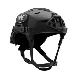 Team Wendy EXFIL Carbon bump helmet in Black — angle view with Wilcox W shroud and EXFIL Rail 3.0