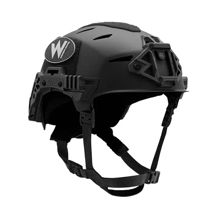 Team Wendy EXFIL Carbon bump helmet in Black — angle view with Wilcox W shroud and EXFIL Rail 3.0