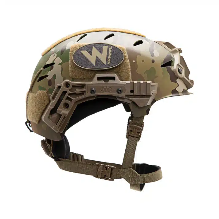 Team Wendy EXFIL Carbon bump helmet — side profile showing carbon fiber shell, CAM FIT retention, and accessory rails